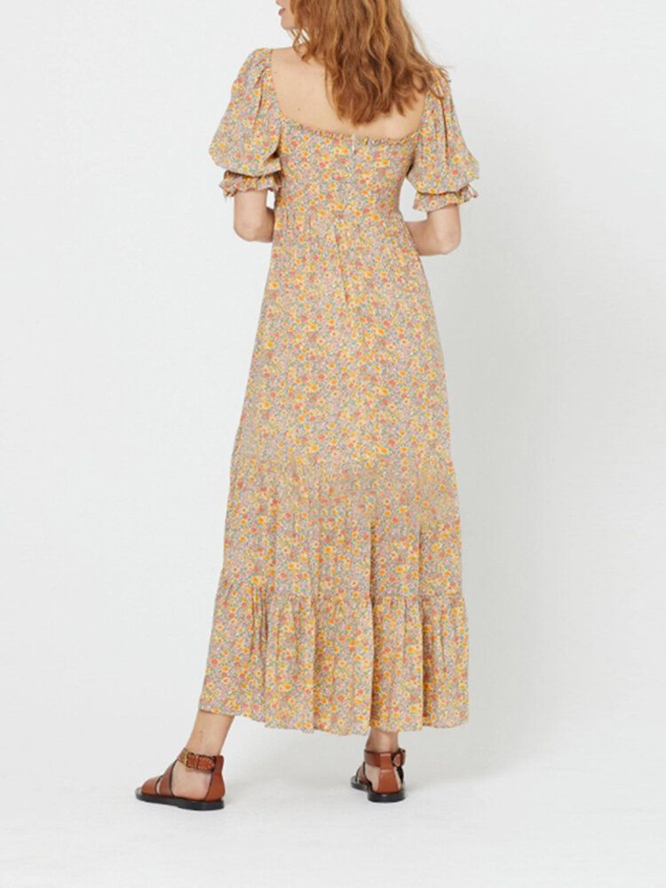 Robe Maxi De Vacances À Manches Bouffantes Et À Encolure Carrée Pour Femmes