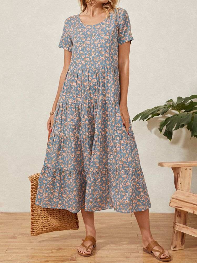 Robe Maxi De Vacances Plissée À Manches Courtes À Col Rond Et Imprimé Floral Décontracté Pour Femme