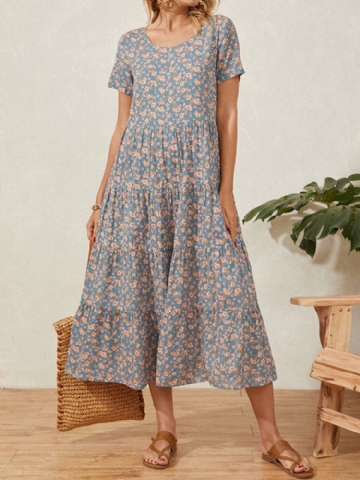 Robe Maxi De Vacances Plissée À Manches Courtes À Col Rond Et Imprimé Floral Décontracté Pour Femme