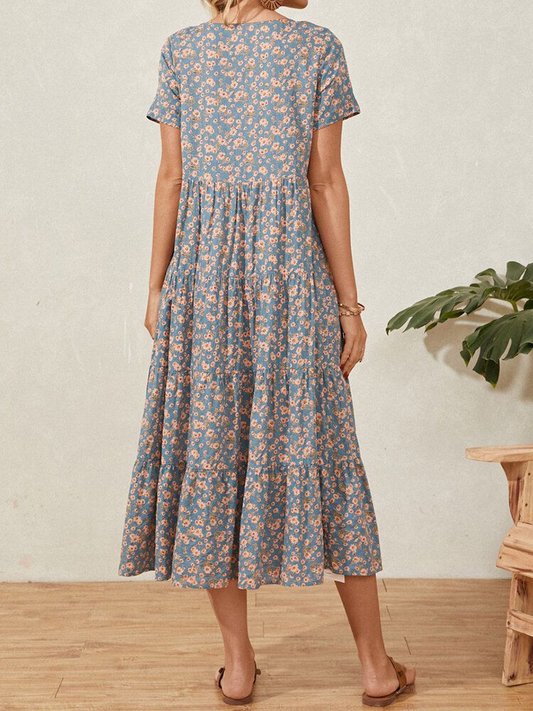 Robe Maxi De Vacances Plissée À Manches Courtes À Col Rond Et Imprimé Floral Décontracté Pour Femme