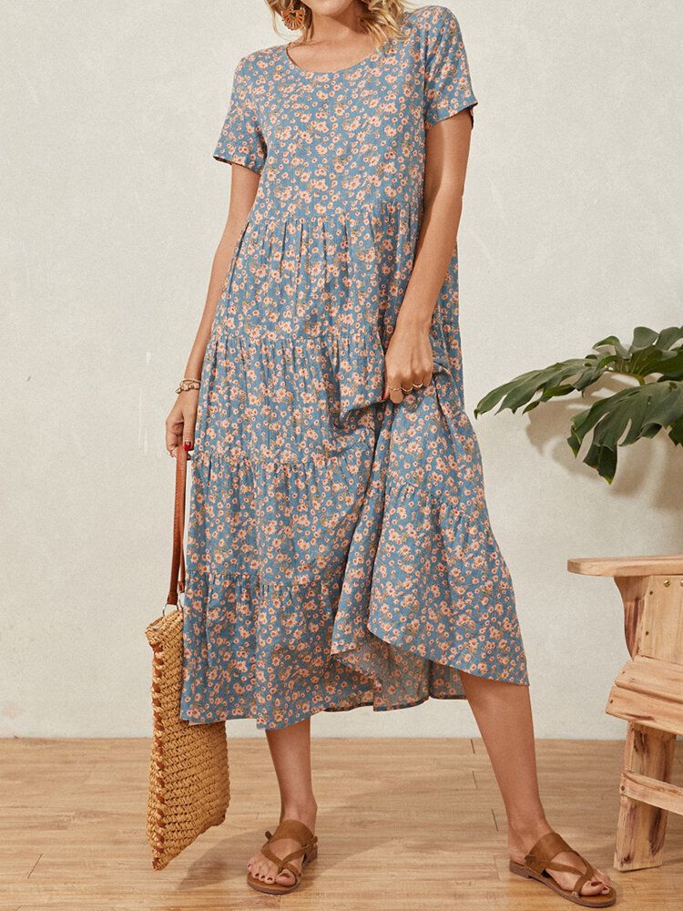 Robe Maxi De Vacances Plissée À Manches Courtes À Col Rond Et Imprimé Floral Décontracté Pour Femme