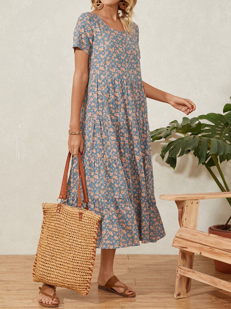 Robe Maxi De Vacances Plissée À Manches Courtes À Col Rond Et Imprimé Floral Décontracté Pour Femme