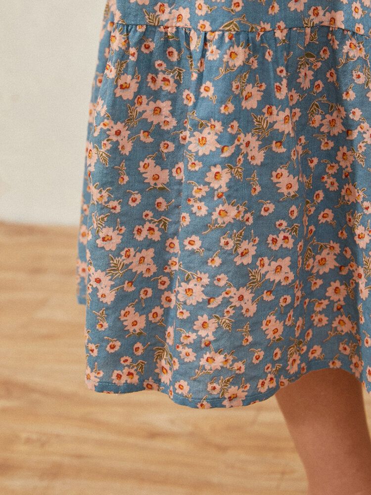 Robe Maxi De Vacances Plissée À Manches Courtes À Col Rond Et Imprimé Floral Décontracté Pour Femme