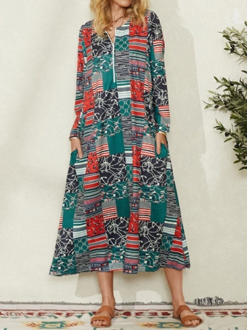 Robe Maxi Vintage Femme Colorblock Imprimé Géométrique Poche Latérale