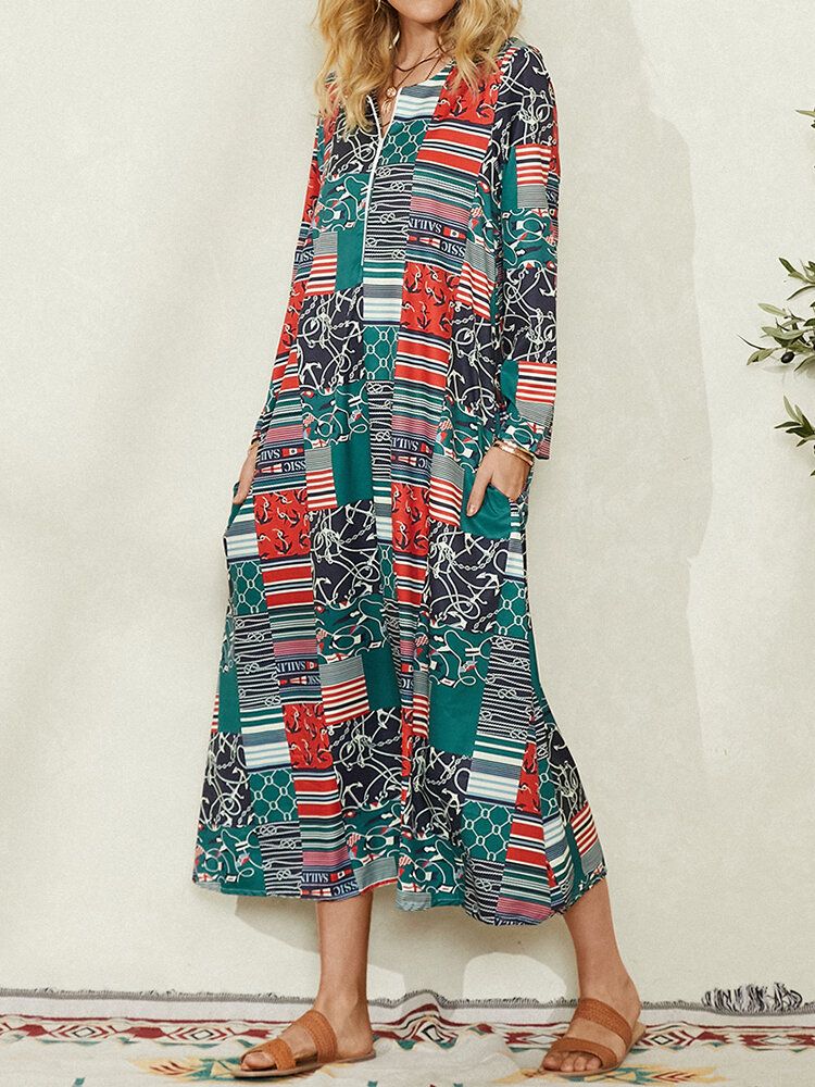 Robe Maxi Vintage Femme Colorblock Imprimé Géométrique Poche Latérale