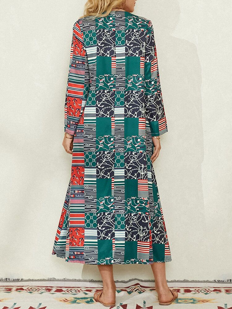 Robe Maxi Vintage Femme Colorblock Imprimé Géométrique Poche Latérale