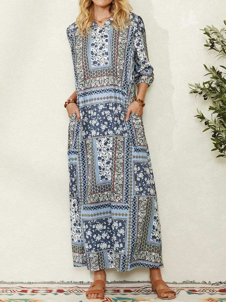 Robe Maxi Vintage Femme Style Ethnique Imprimé Col V Poche Latérale Manches 3/4