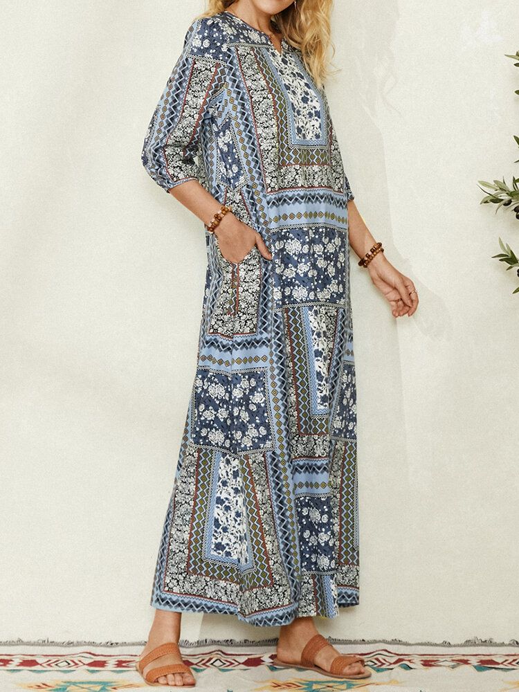 Robe Maxi Vintage Femme Style Ethnique Imprimé Col V Poche Latérale Manches 3/4