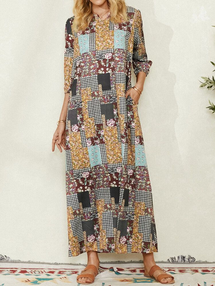 Robe Maxi Vintage À Imprimé Floral À Carreaux Pour Femmes Avec Poche