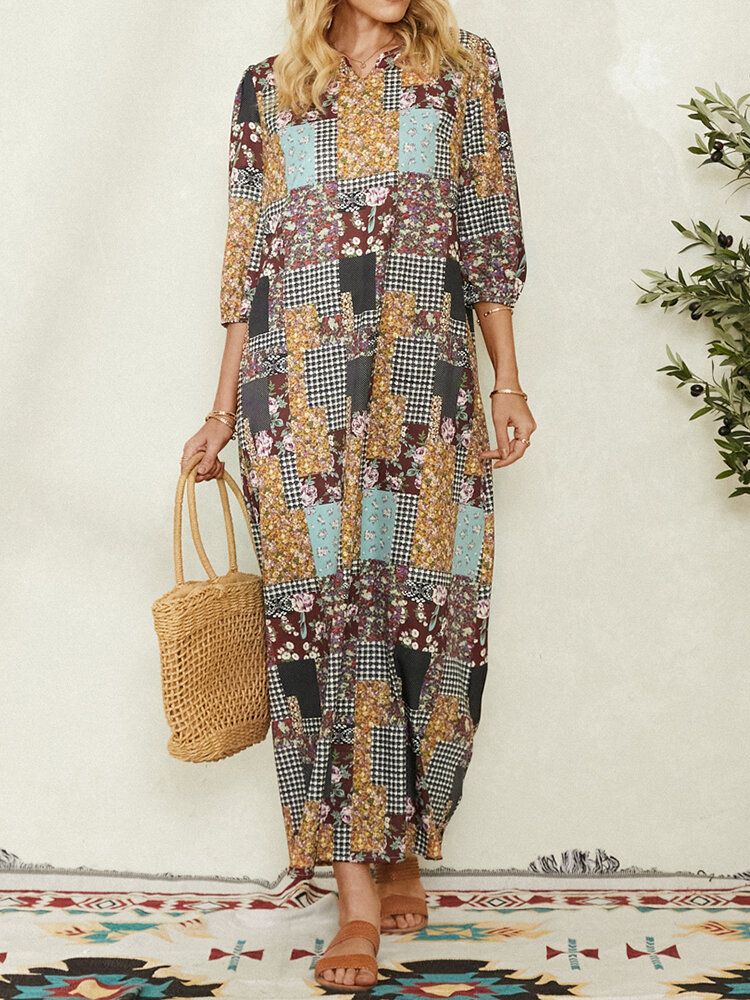 Robe Maxi Vintage À Imprimé Floral À Carreaux Pour Femmes Avec Poche