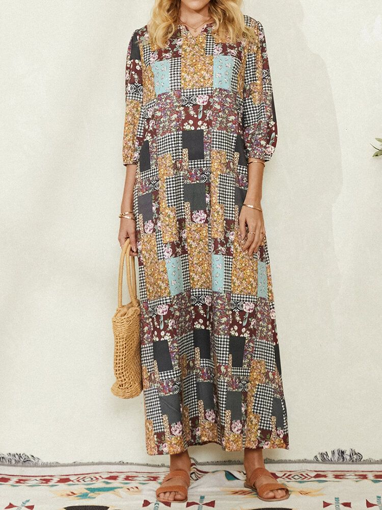 Robe Maxi Vintage À Imprimé Floral À Carreaux Pour Femmes Avec Poche