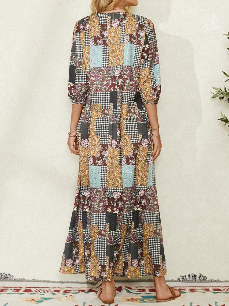 Robe Maxi Vintage À Imprimé Floral À Carreaux Pour Femmes Avec Poche