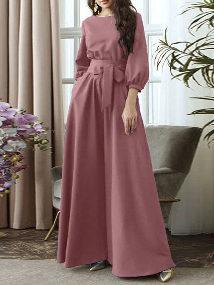 Robe Maxi Vintage À Manches 3/4 Avec Ceinture Et Col Rond À Lacets