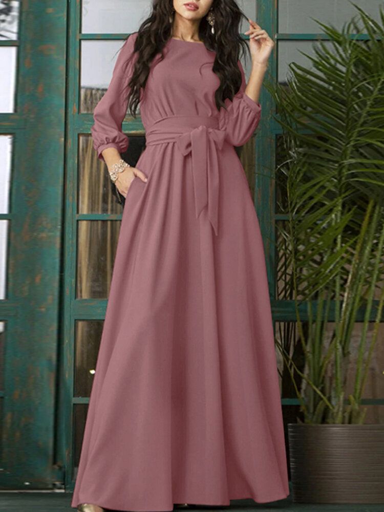 Robe Maxi Vintage À Manches 3/4 Avec Ceinture Et Col Rond À Lacets