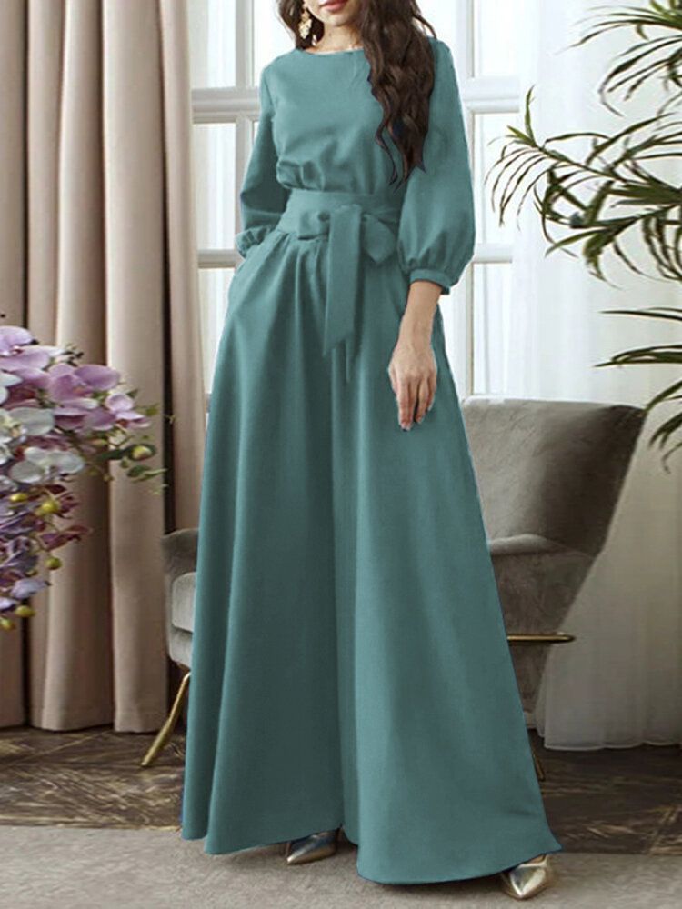 Robe Maxi Vintage À Manches 3/4 Avec Ceinture Et Col Rond À Lacets