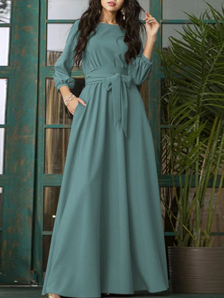 Robe Maxi Vintage À Manches 3/4 Avec Ceinture Et Col Rond À Lacets