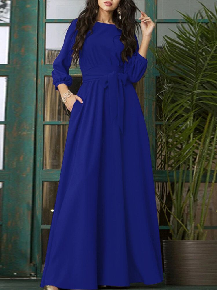 Robe Maxi Vintage À Manches 3/4 Avec Ceinture Et Col Rond À Lacets