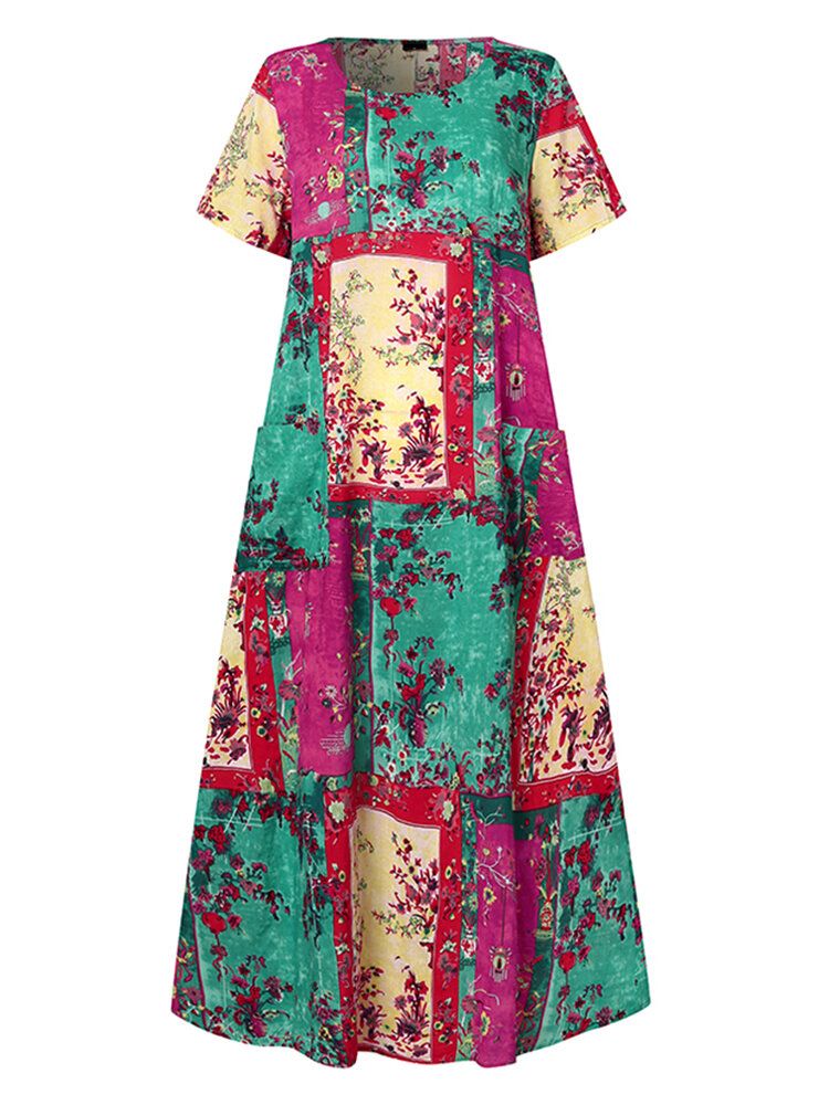 Robe Maxi Vintage À Manches Courtes Et Imprimé Abstrait Pour Femmes