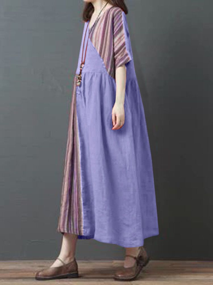 Robe Maxi Vintage À Rayures Et À Col En V Et À Manches Mi-longues