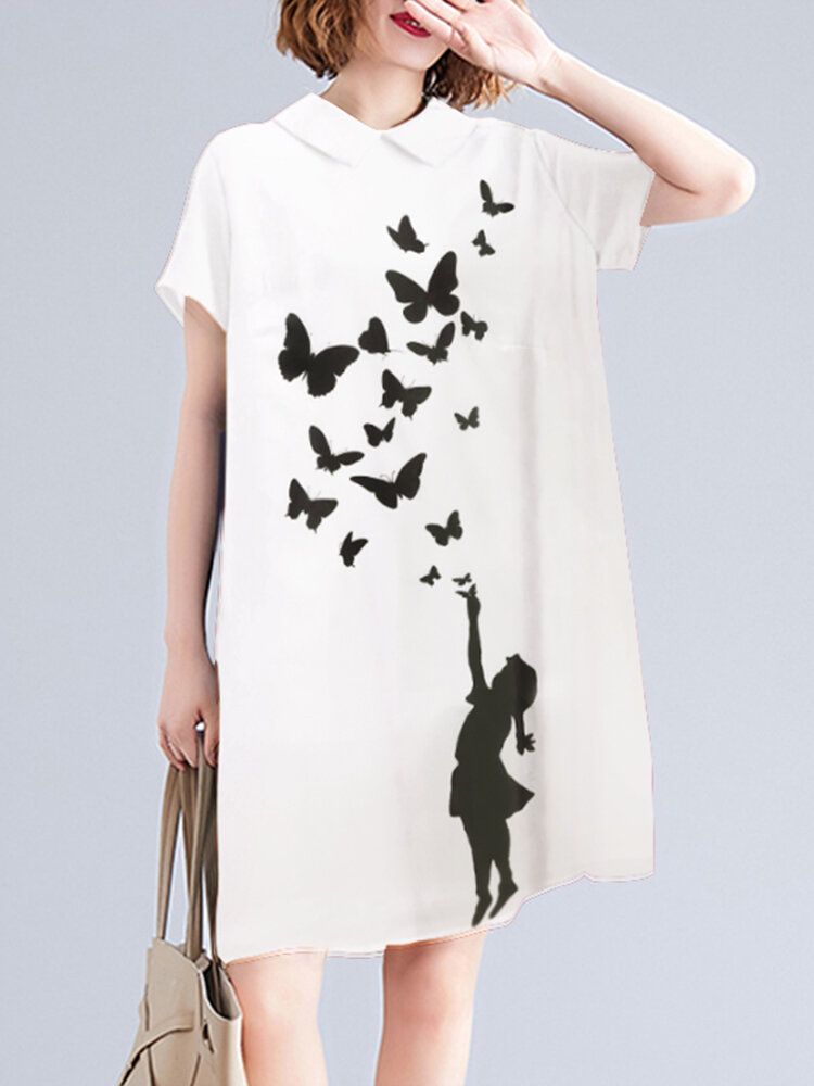 Robe Mi-longue Décontractée À Manches Courtes Avec Motif Papillon