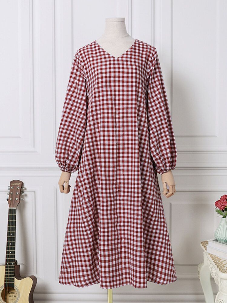 Robe Mi-longue Décontractée À Manches Longues Et Col En V Pour Femmes