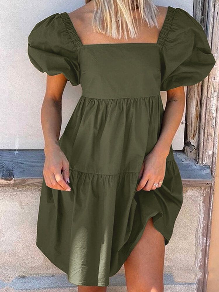 Robe Mi-longue À Manches Bouffantes Pour Femmes Avec Col Carré Et Couleur Pure Avec Fermeture À Glissière Au Dos