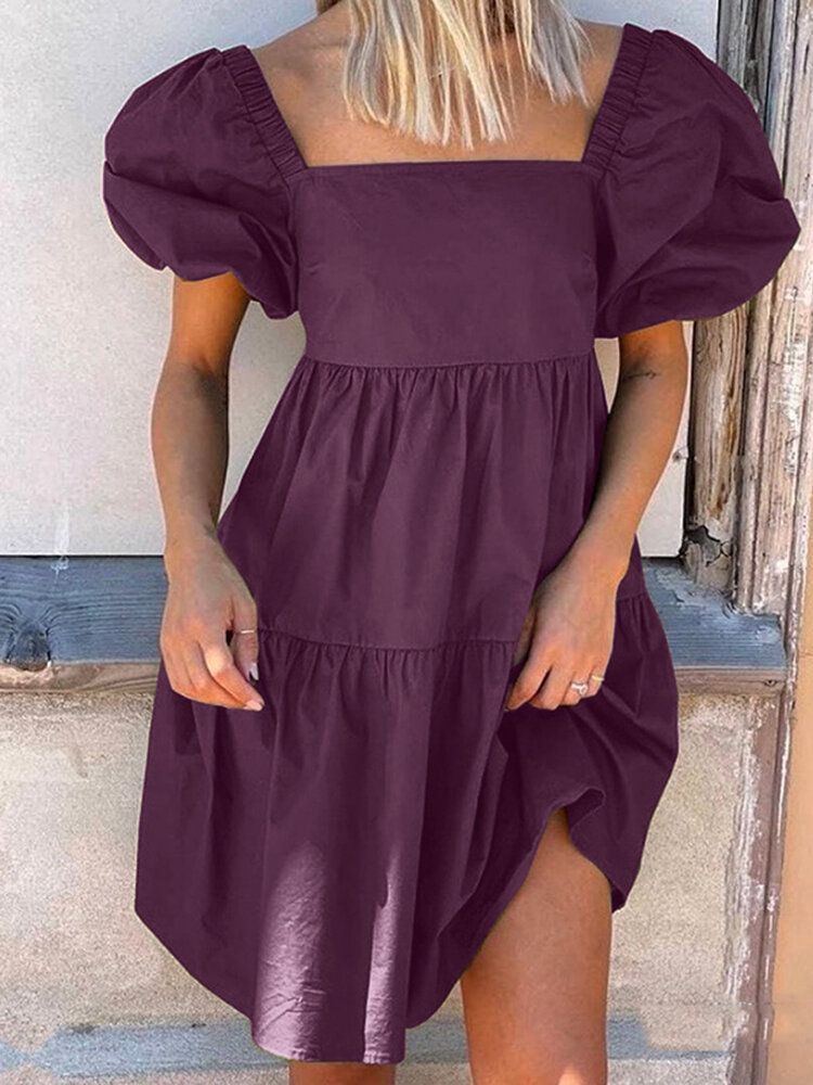 Robe Mi-longue À Manches Bouffantes Pour Femmes Avec Col Carré Et Couleur Pure Avec Fermeture À Glissière Au Dos