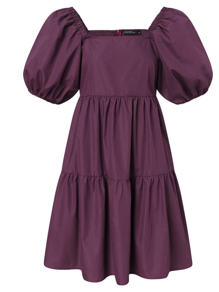 Robe Mi-longue À Manches Bouffantes Pour Femmes Avec Col Carré Et Couleur Pure Avec Fermeture À Glissière Au Dos