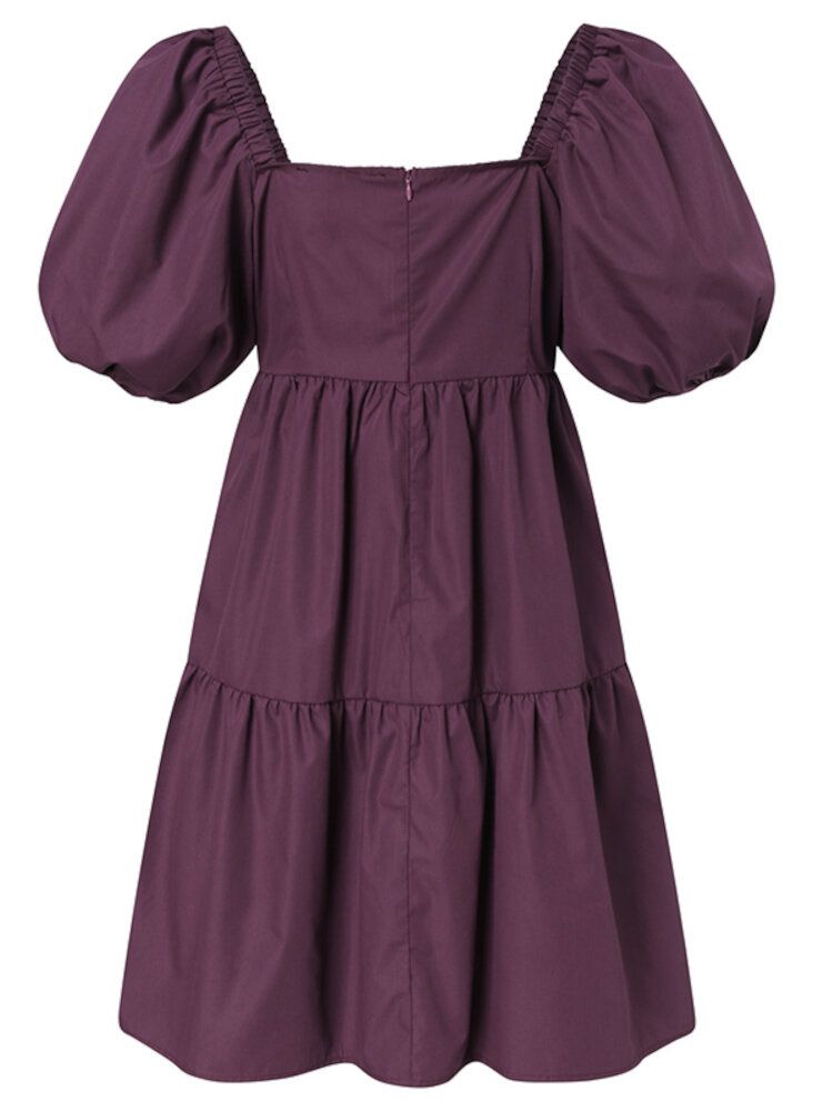 Robe Mi-longue À Manches Bouffantes Pour Femmes Avec Col Carré Et Couleur Pure Avec Fermeture À Glissière Au Dos