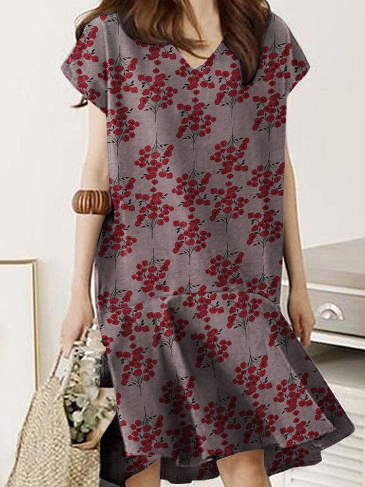 Robe Mi-longue À Manches Courtes Et Col En V À Imprimé Floral Pour Femme