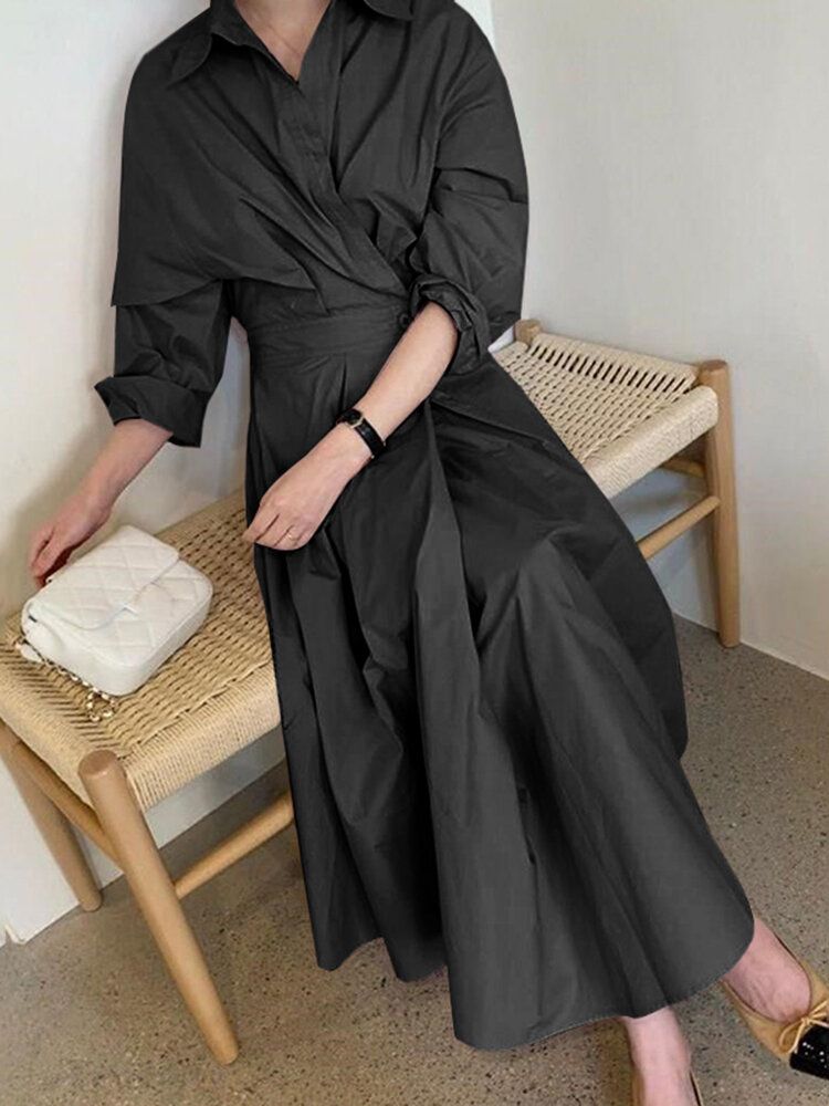 Robe Mi-longue Mi-longue À Manches Longues Et Plissée Pour Femmes