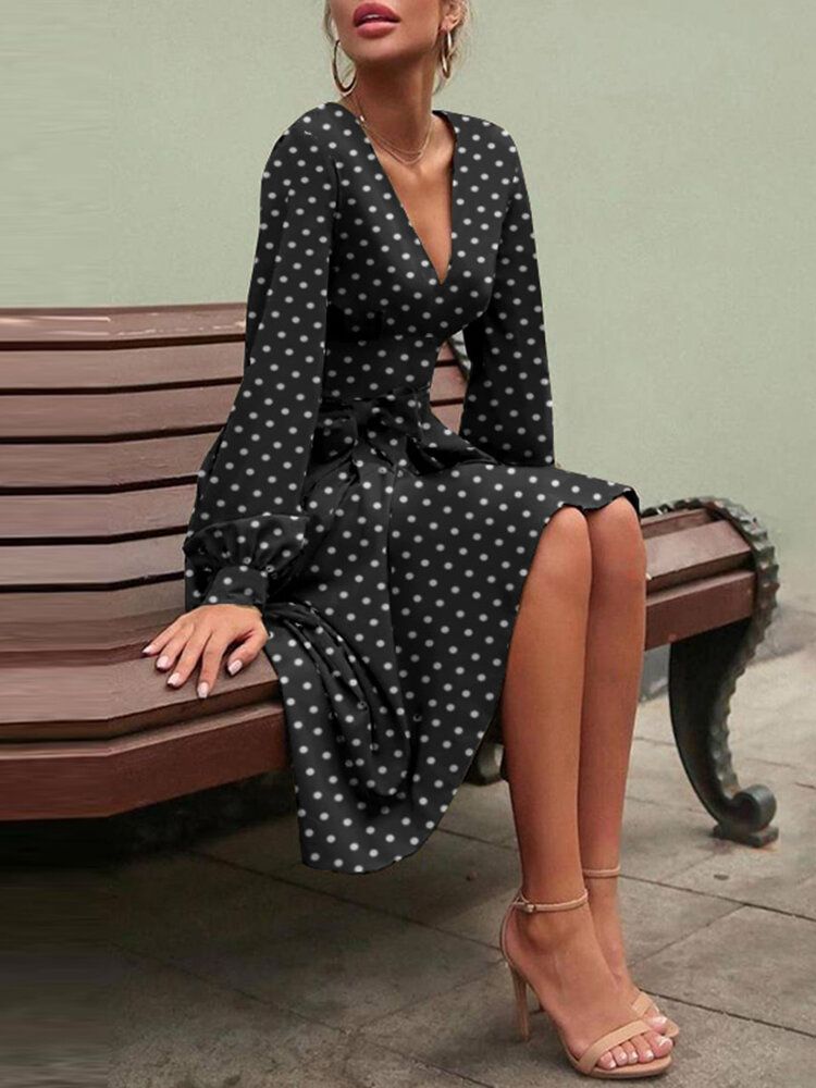 Robe Nouée À Manches Longues Et Col En V À Pois