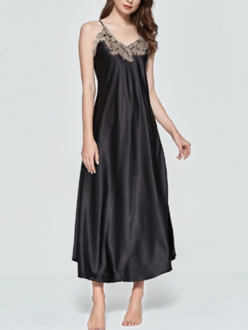 Robe De Nuit En Satin De Dentelle À Col En V Sans Manches Pour Femmes