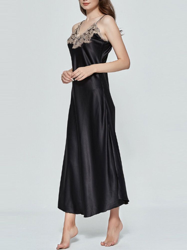 Robe De Nuit En Satin De Dentelle À Col En V Sans Manches Pour Femmes