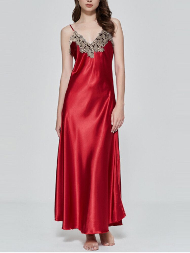 Robe De Nuit En Satin De Dentelle À Col En V Sans Manches Pour Femmes