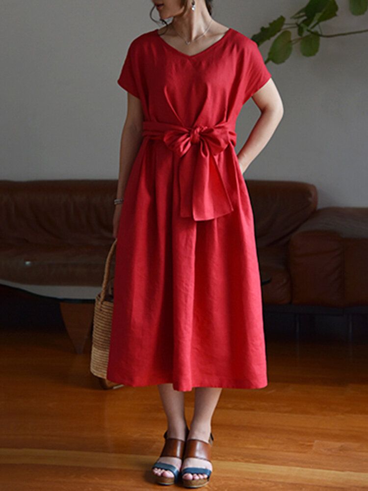 Robe Plissée Décontractée À Col Rond Et À Lacets Avec Poche Latérale