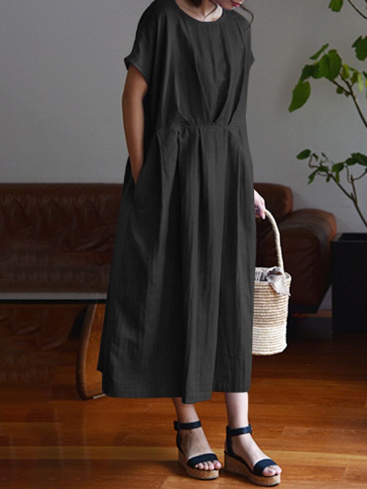 Robe Plissée Décontractée À Col Rond Et À Lacets Avec Poche Latérale