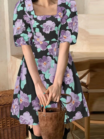 Robe De Style Rétro Bohème Floral À Manches Bouffantes Pour Femme