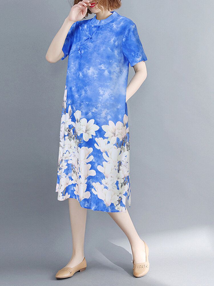 Robe Tie-dye Décontractée À Fleurs Épissées À Manches Courtes Pour Femmes