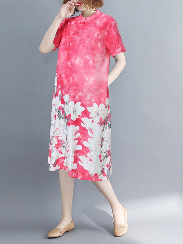 Robe Tie-dye Décontractée À Fleurs Épissées À Manches Courtes Pour Femmes