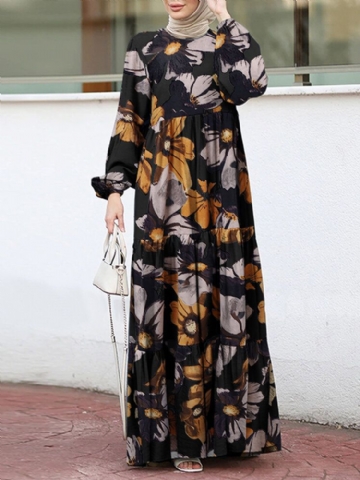 Robe Tunique Caftan À Manches Bouffantes À Imprimé Fleurs Pour Femmes