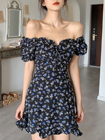 Robe De Vacances D'été À Manches Bouffantes À Fleurs Douces Pour Les Femmes