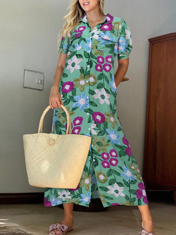 Robe De Vacances D'été À Manches Bouffantes Longueur Cheville Pour Femme