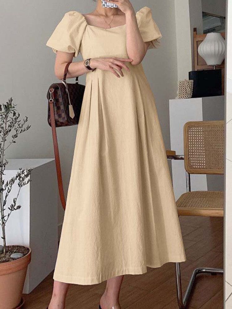 Robe De Vacances D'été Plissée À Manches Bouffantes 100% Coton Pour Femme