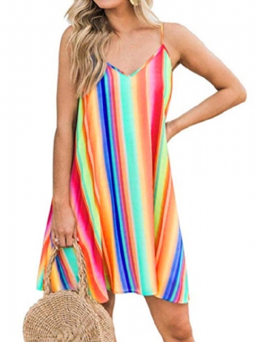 Robe De Vacances D'été Sans Manches En Patchwork De Couleur À Col En V Pour Femme