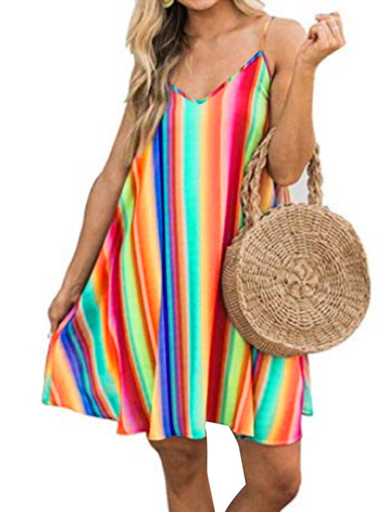 Robe De Vacances D'été Sans Manches En Patchwork De Couleur À Col En V Pour Femme