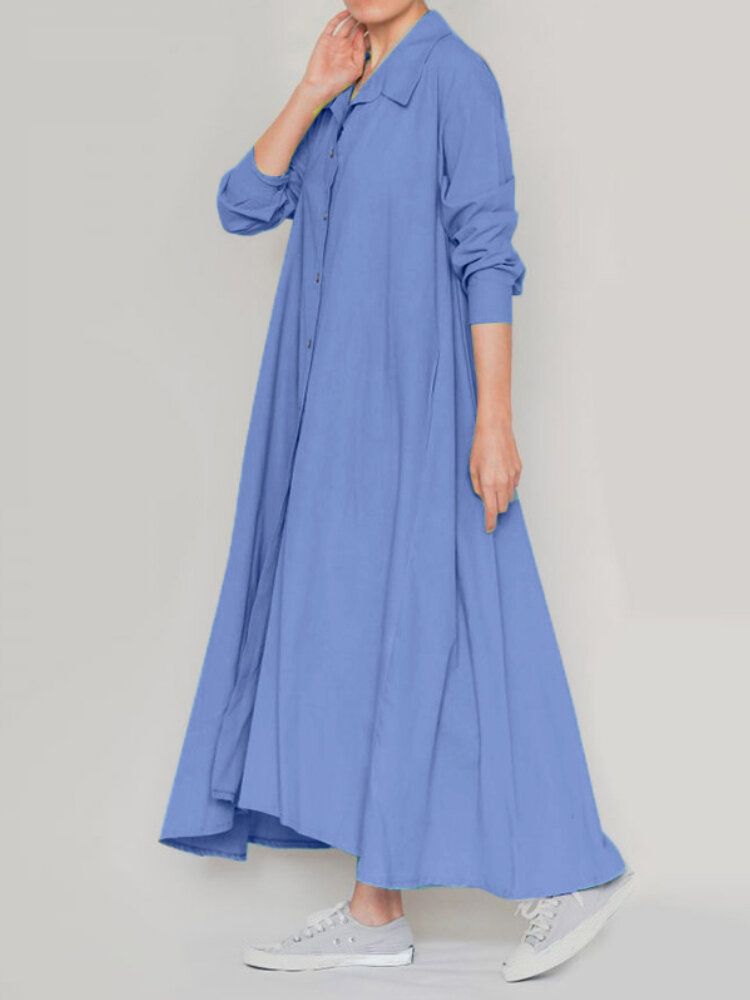 Robes Chemise Maxi Simples À Manches Longues Pour Femmes Avec Poche