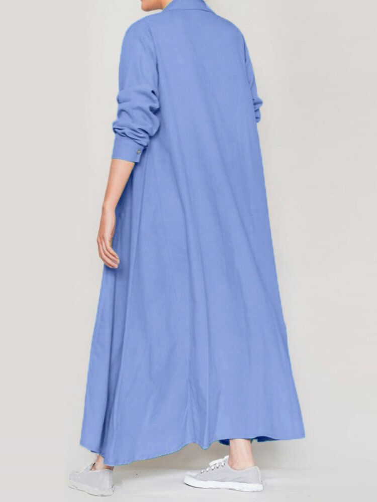 Robes Chemise Maxi Simples À Manches Longues Pour Femmes Avec Poche