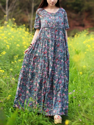 Robes Longues À Manches Courtes Et Imprimé Floral Vintage Pour Femmes