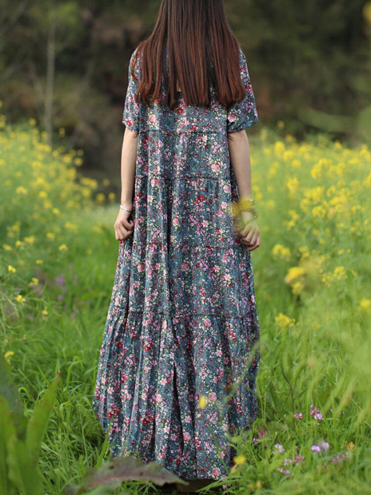 Robes Longues À Manches Courtes Et Imprimé Floral Vintage Pour Femmes